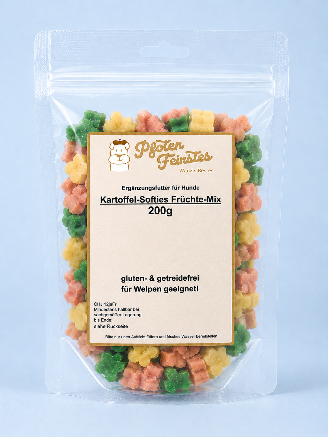 Kartoffel-Softies Früchte-Mix für Hund. Ein abwechslungsreicher softer Snack für Hunde - auch für Welpen geeignet.