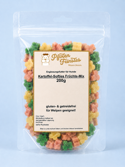 Kartoffel-Softies Früchte-Mix für Hund. Ein abwechslungsreicher softer Snack für Hunde - auch für Welpen geeignet.