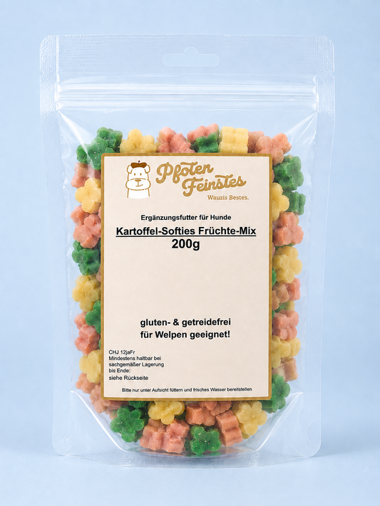 Kartoffel-Softies Früchte-Mix für Hund. Ein abwechslungsreicher softer Snack für Hunde - auch für Welpen geeignet.