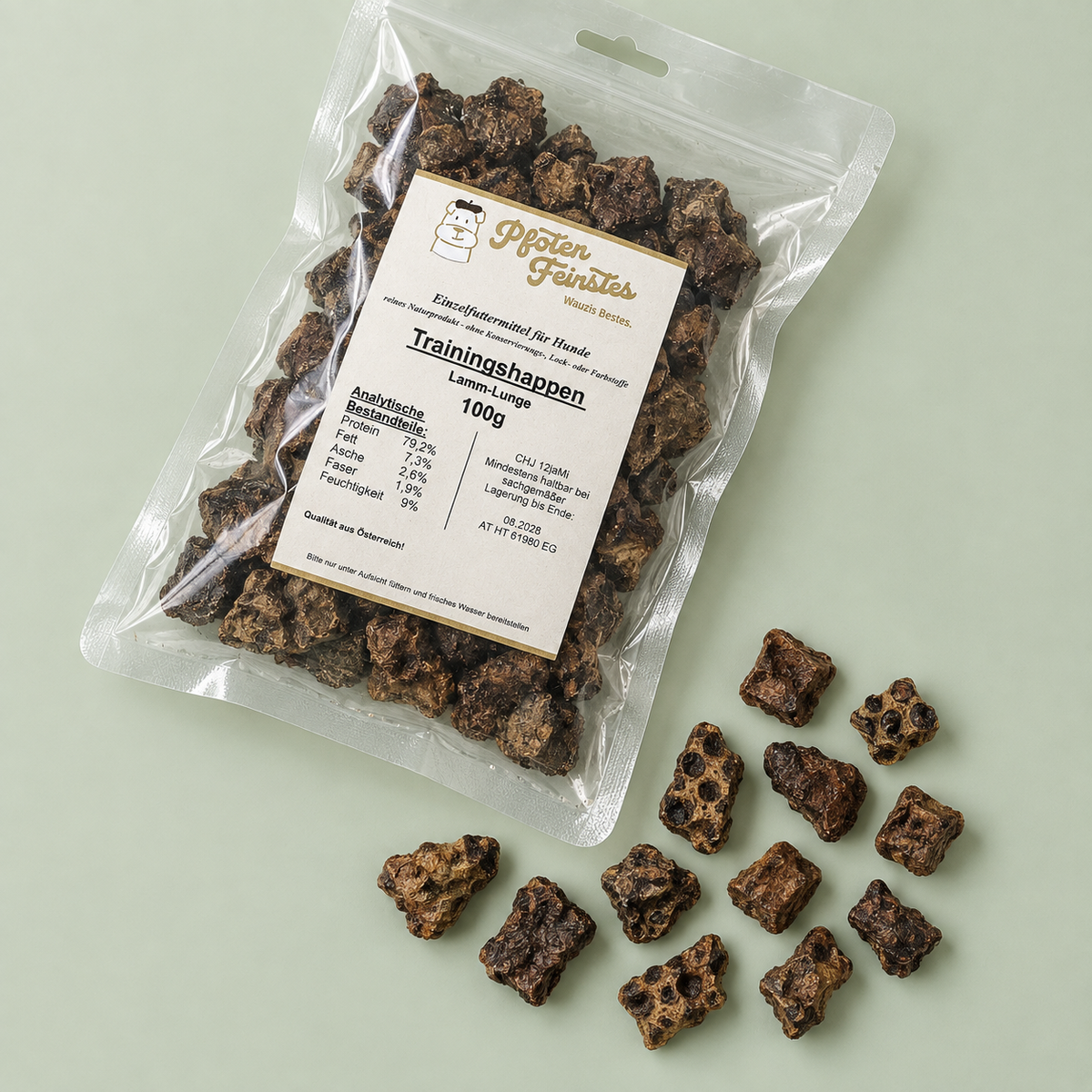 Trainingssnack für Hunde aus Lamm-Lunge, besonders für Hunde mit sensibler Verdauung geeignet – fettarm und ideal für Training und Belohnung und Hundeschulen.