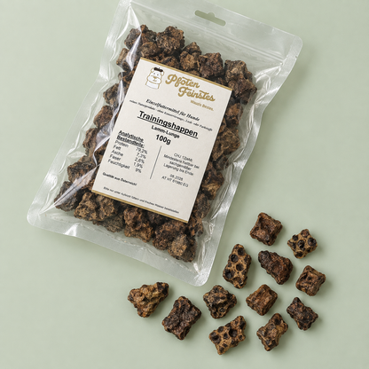 Trainingssnack für Hunde aus Lamm-Lunge, besonders für Hunde mit sensibler Verdauung geeignet – fettarm und ideal für Training und Belohnung und Hundeschulen.