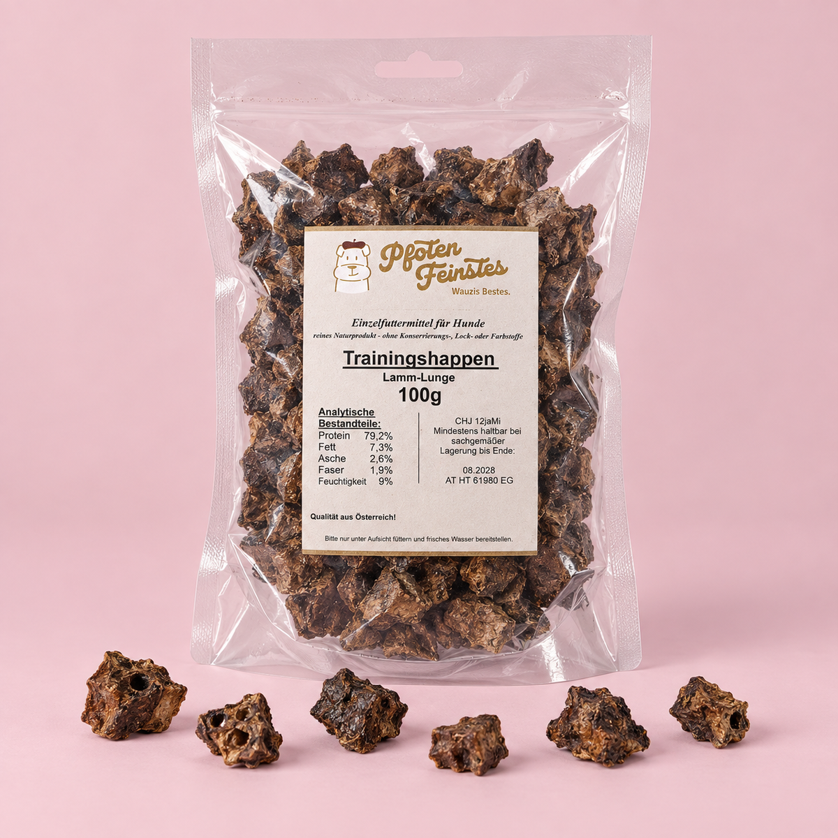 Trainingssnack für Hunde aus Lamm-Lunge, besonders für Hunde mit sensibler Verdauung geeignet – fettarm und ideal für Training und Belohnung und Hundeschulen.