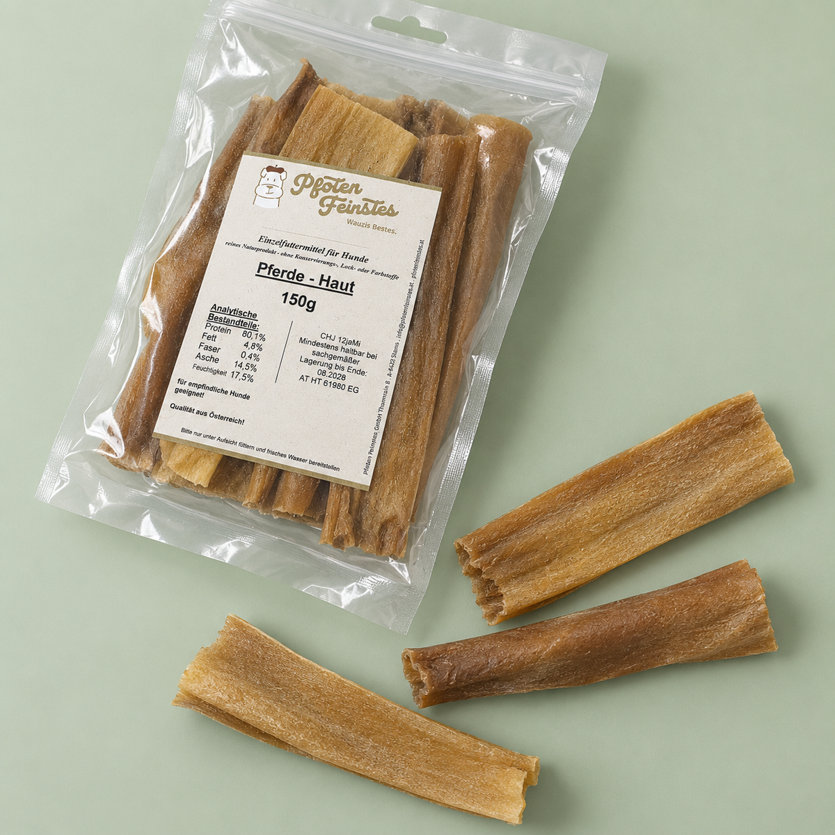 Hypoallergener Kauartikel aus Österreich für Hunde aus Pferdehaut – 100 % Pferd, ideal bei empfindlicher Verdauung