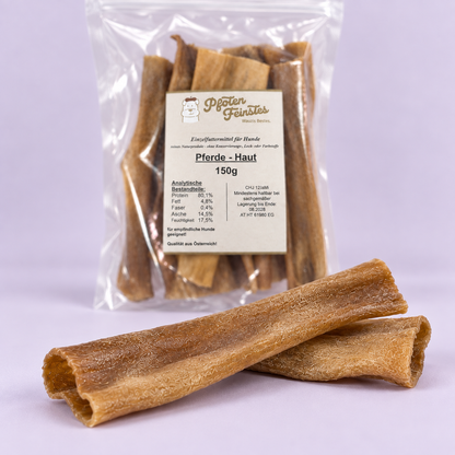 Hypoallergener Kauartikel aus Österreich für Hunde aus Pferdehaut – 100 % Pferd, ideal bei empfindlicher Verdauung