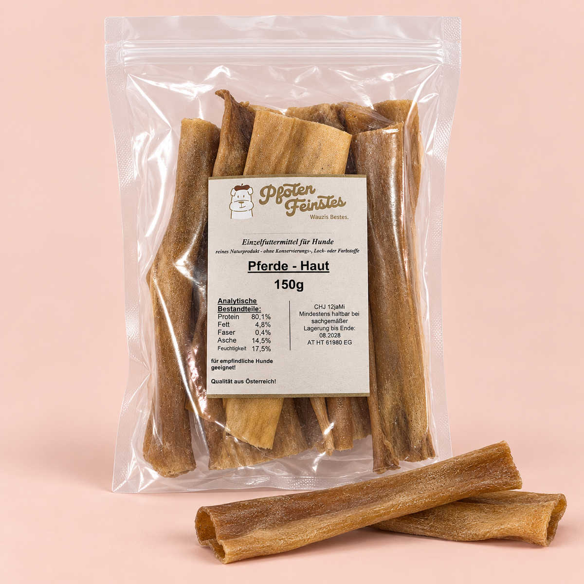 Hypoallergener Kauartikel aus Österreich für Hunde aus Pferdehaut – 100 % Pferd, ideal bei empfindlicher Verdauung